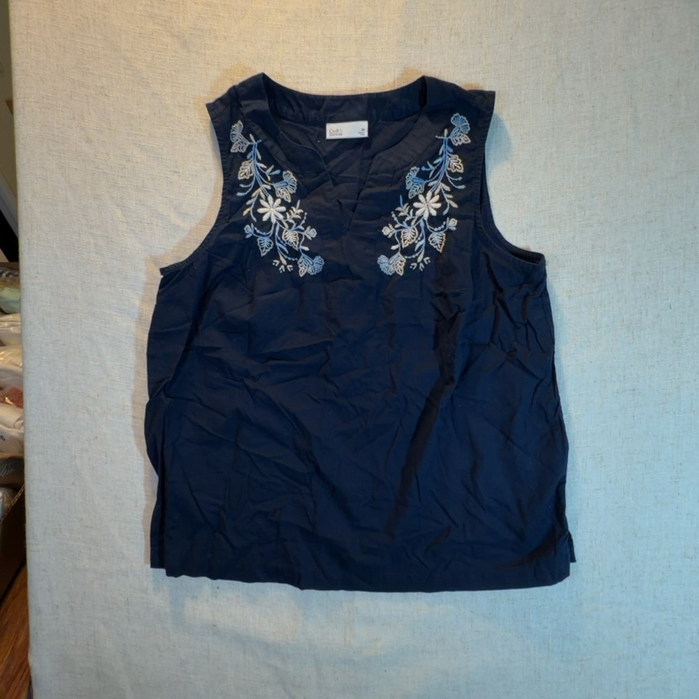 Croft & Barrow Tank Top Floral Embroidered Navy Women's Size Medium
